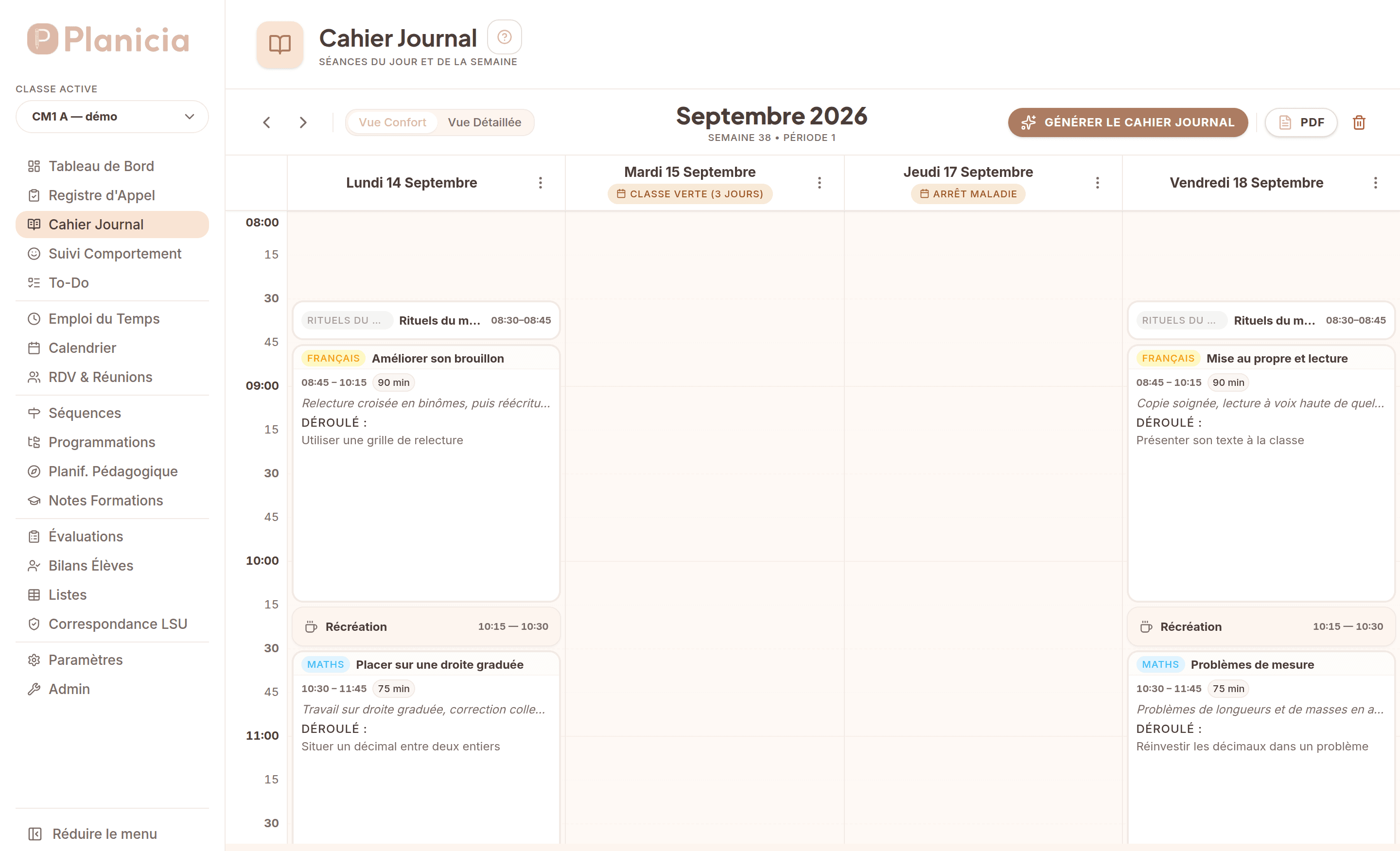Cahier Journal Planicia rempli automatiquement à partir de la Planification Pédagogique